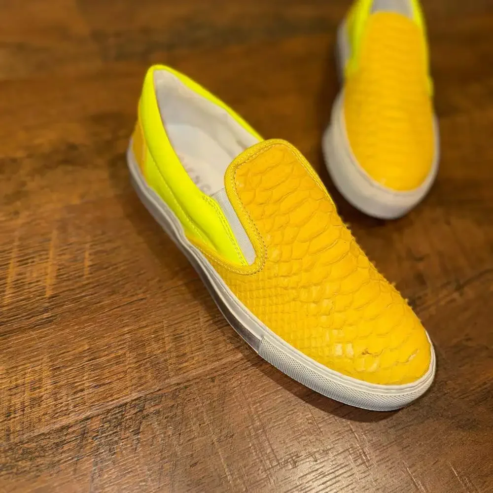 GIENCHI Made in Italy Yellow Embossed Crocodile Print Slip On Sneakers Shoes